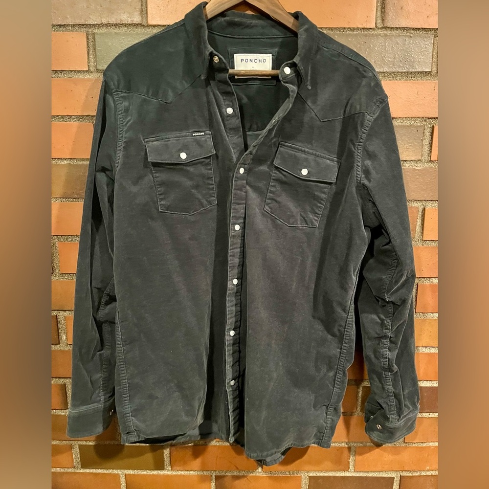 Men's Poncho Outdoors Corduroy Shirt Dark Navy Blue XL - Slim fit, Snap button